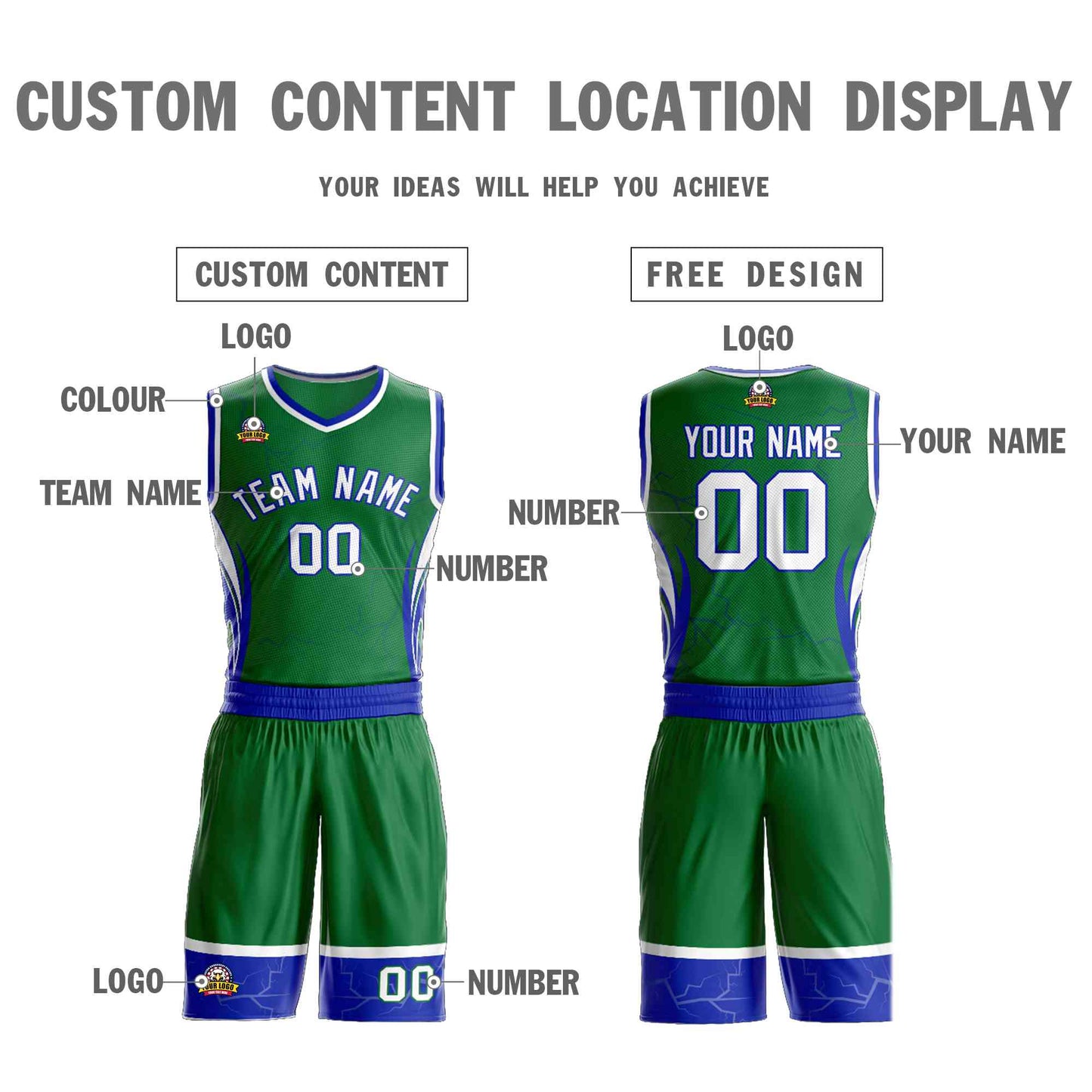 Custom Kelly Green White-Royal Graffiti Pattern Sets Lightning Basketball Jersey