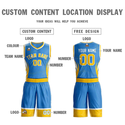 Custom Powder Blue Gold-White Graffiti Pattern Sets Lightning Basketball Jersey