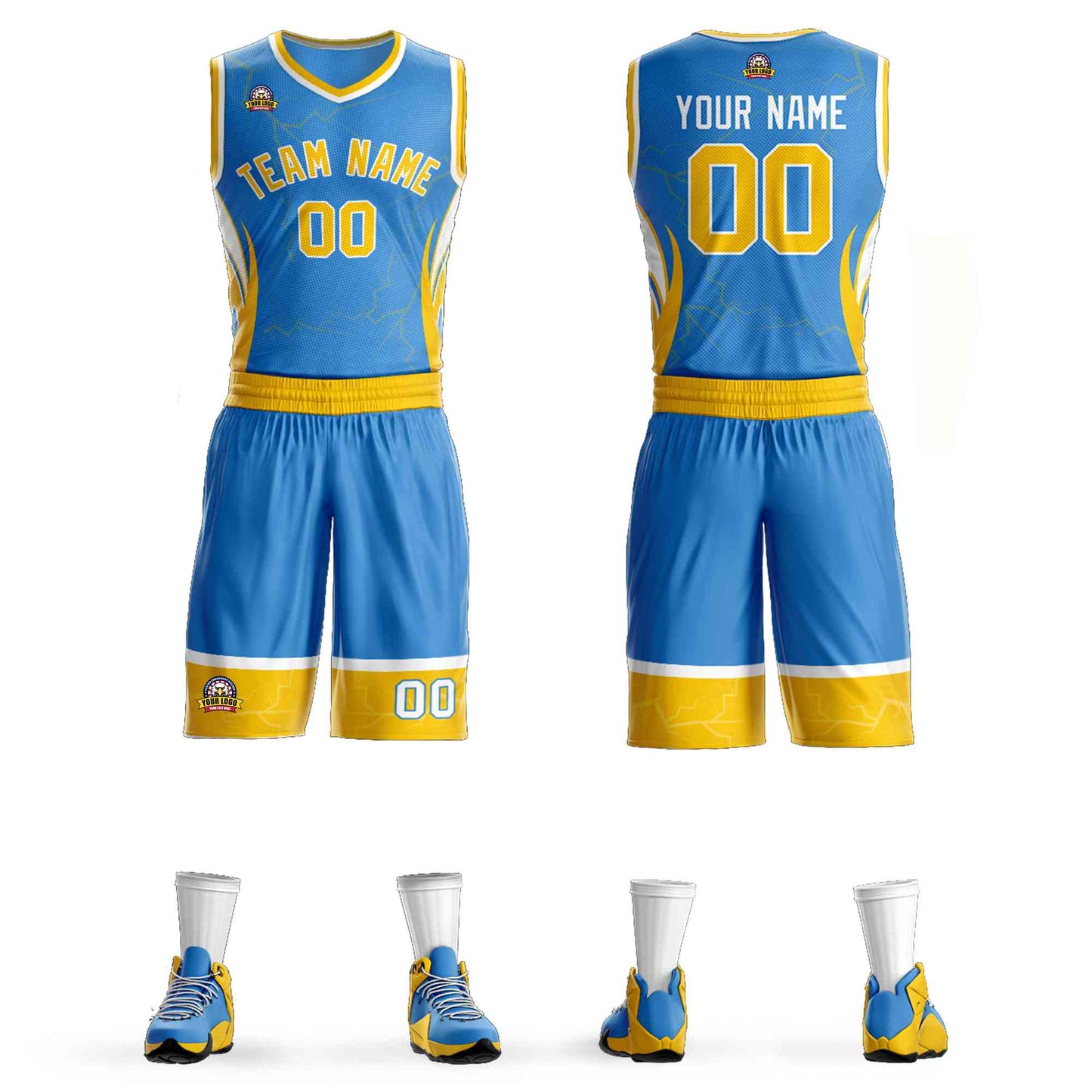 Custom Powder Blue Gold-White Graffiti Pattern Sets Lightning Basketball Jersey