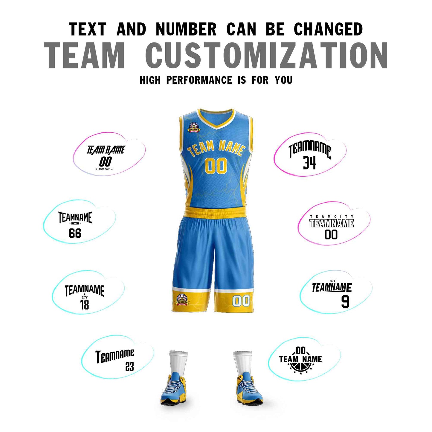 Custom Powder Blue Gold-White Graffiti Pattern Sets Lightning Basketball Jersey