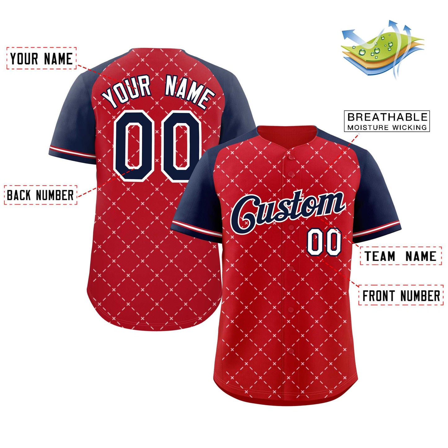 Custom Red Navy-White Rhombus Authentic Baseball Jersey