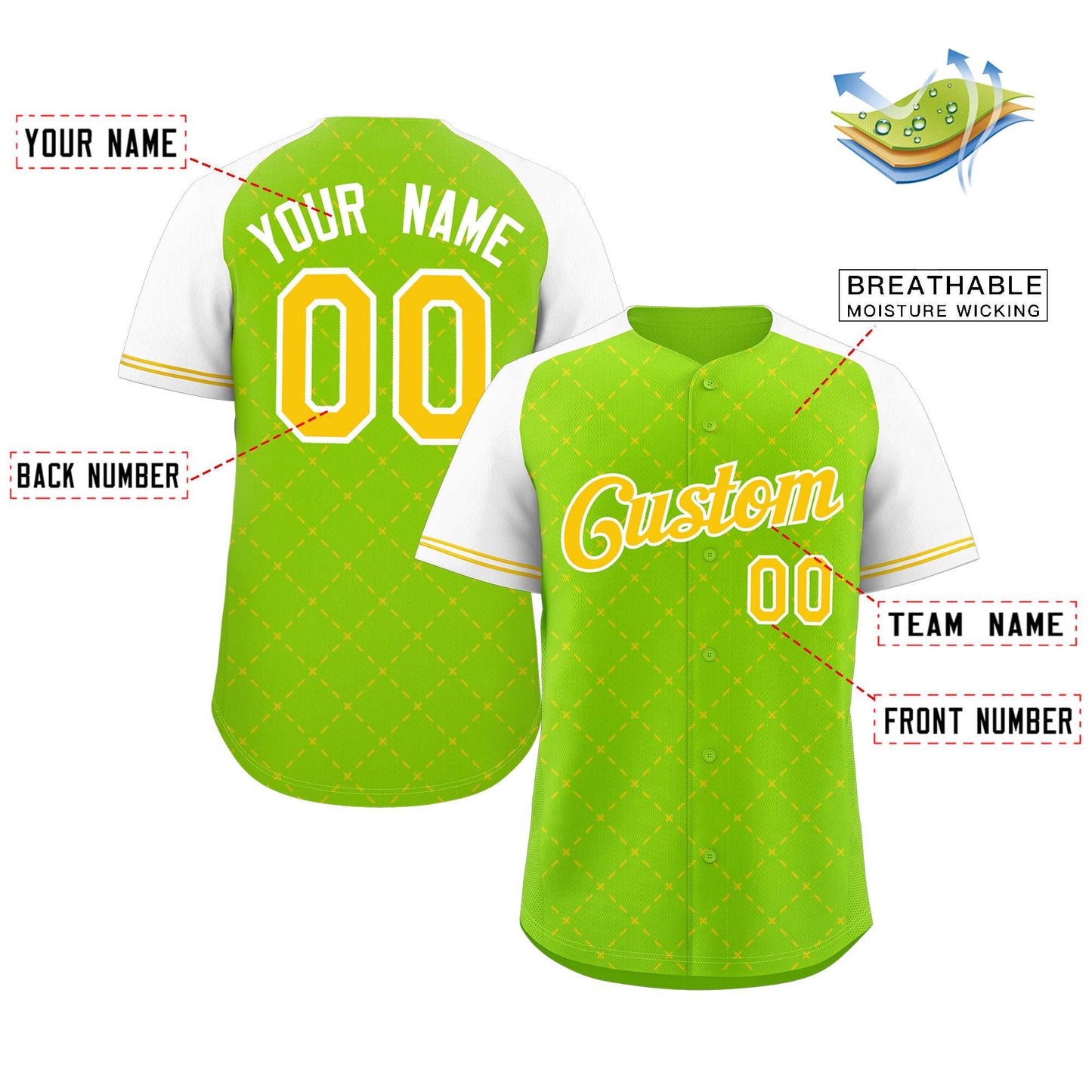 Custom Neon Green Yellow-White Rhombus Authentic Baseball Jersey