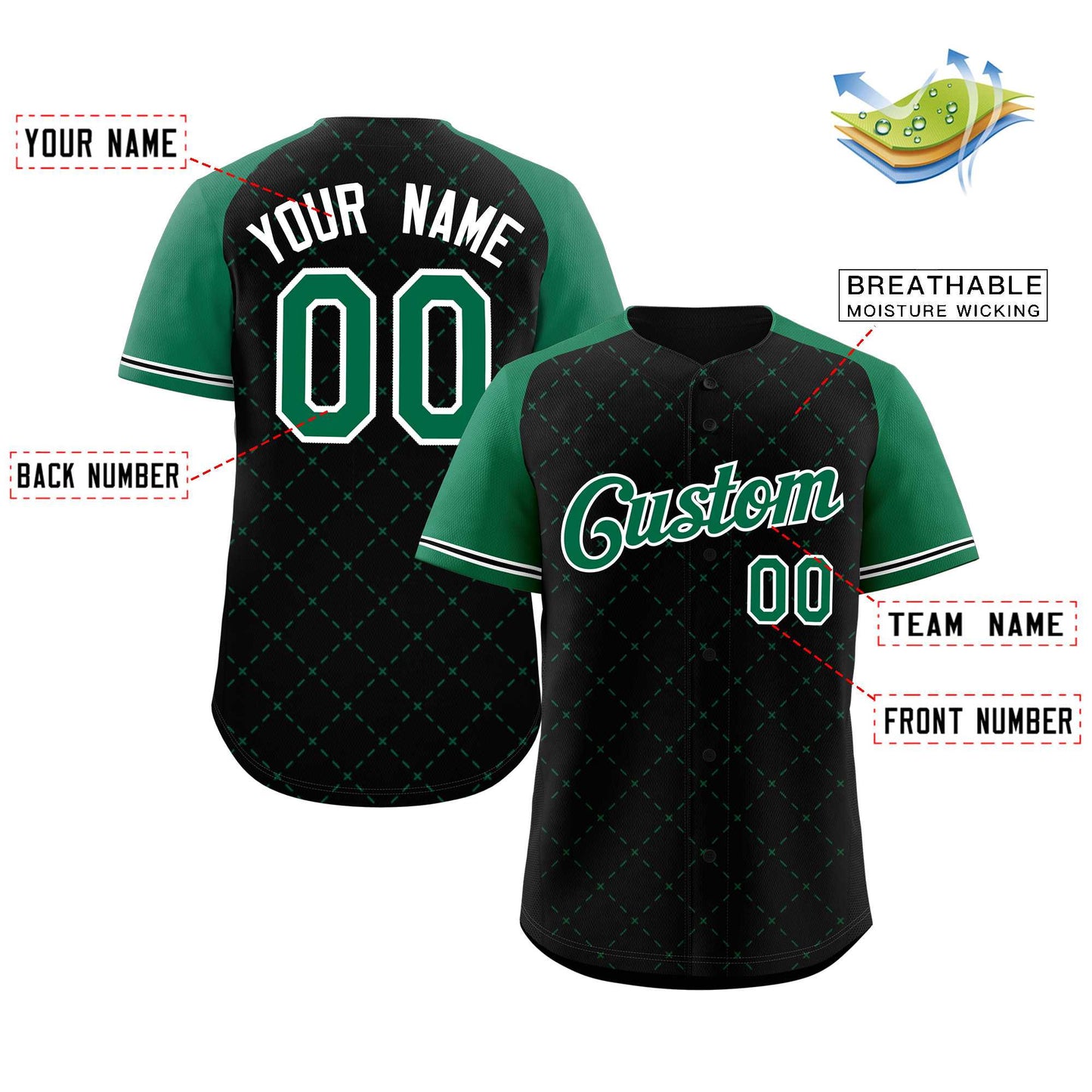 Custom Black Kelly Green-White Rhombus Authentic Baseball Jersey