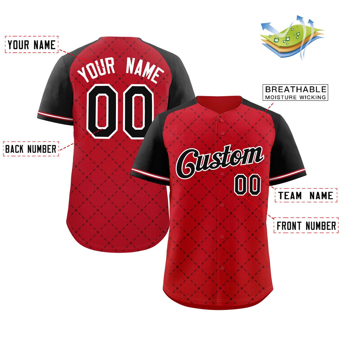 Custom Red Black-White Rhombus Authentic Baseball Jersey