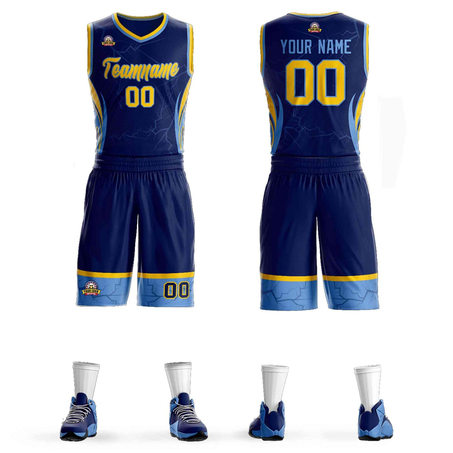 Custom Navy Gold-Light Blue Graffiti Pattern Sets Lightning Basketball Jersey