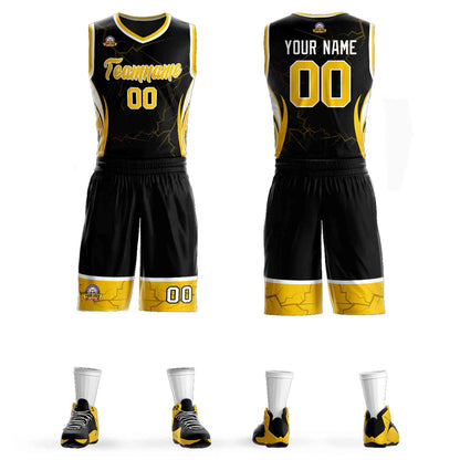 Custom Black Gold-White Graffiti Pattern Sets Lightning Basketball Jersey