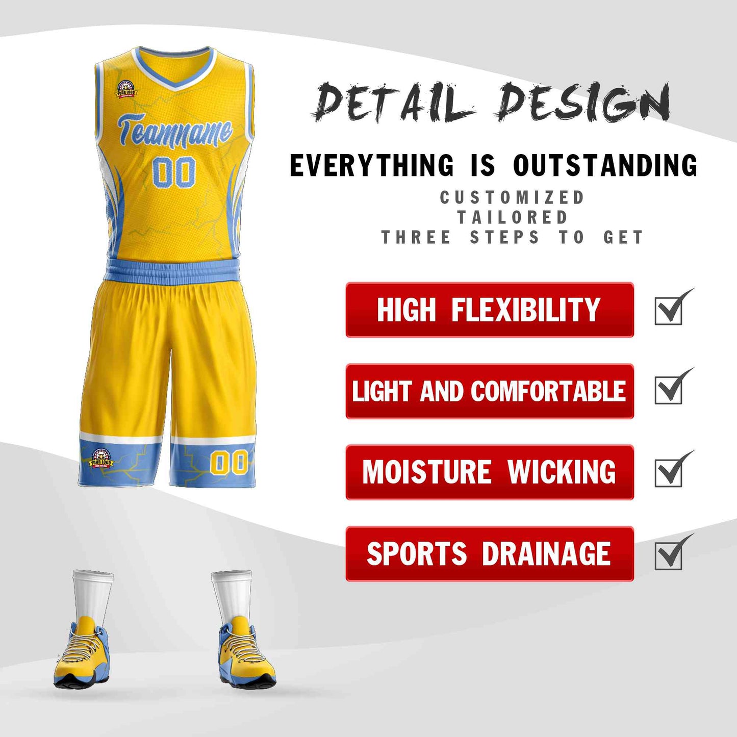 Custom Gold Light Blue-White Graffiti Pattern Sets Lightning Basketball Jersey