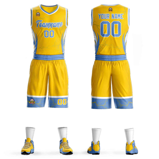 Custom Gold Light Blue-White Graffiti Pattern Sets Lightning Basketball Jersey