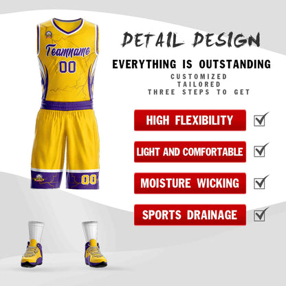 Custom Gold Purple-White Graffiti Pattern Sets Lightning Basketball Jersey