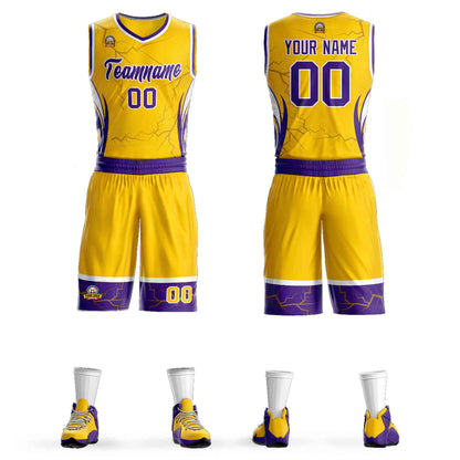 Custom Gold Purple-White Graffiti Pattern Sets Lightning Basketball Jersey