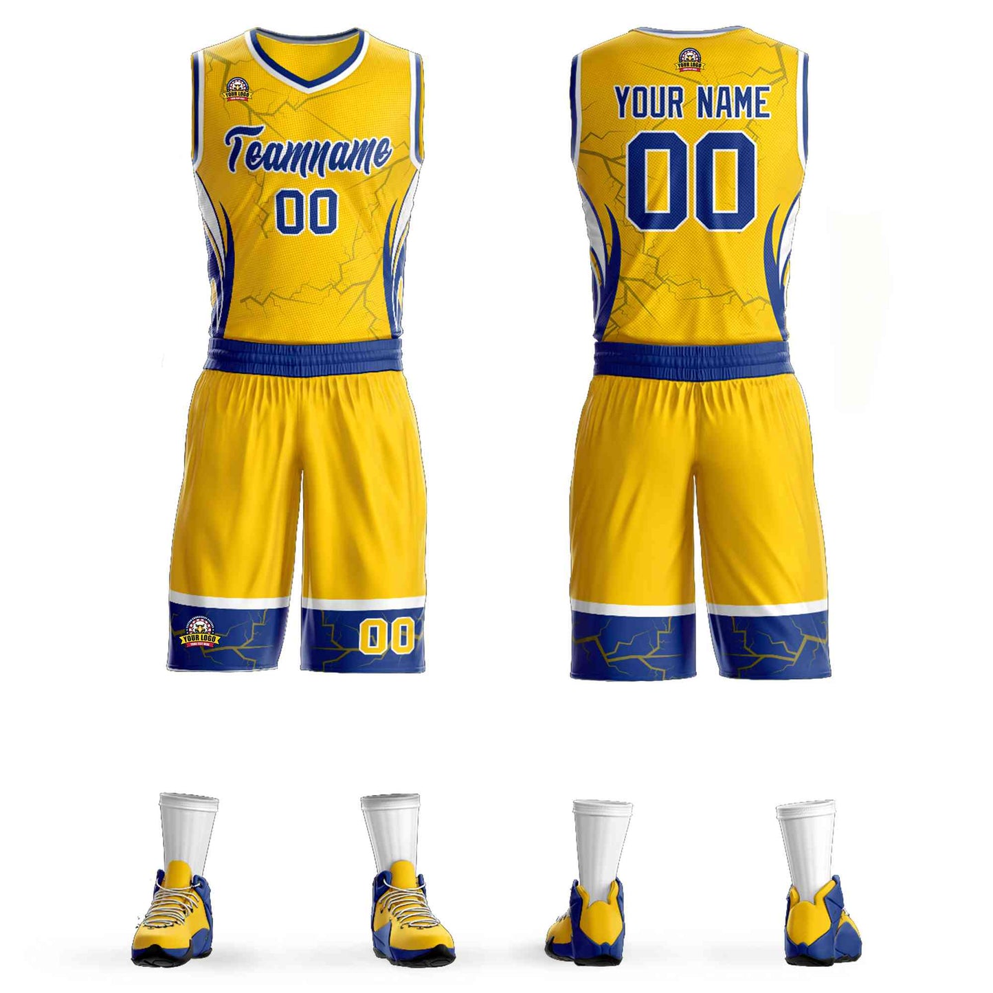 Custom Gold Royal-White Graffiti Pattern Sets Lightning Basketball Jersey