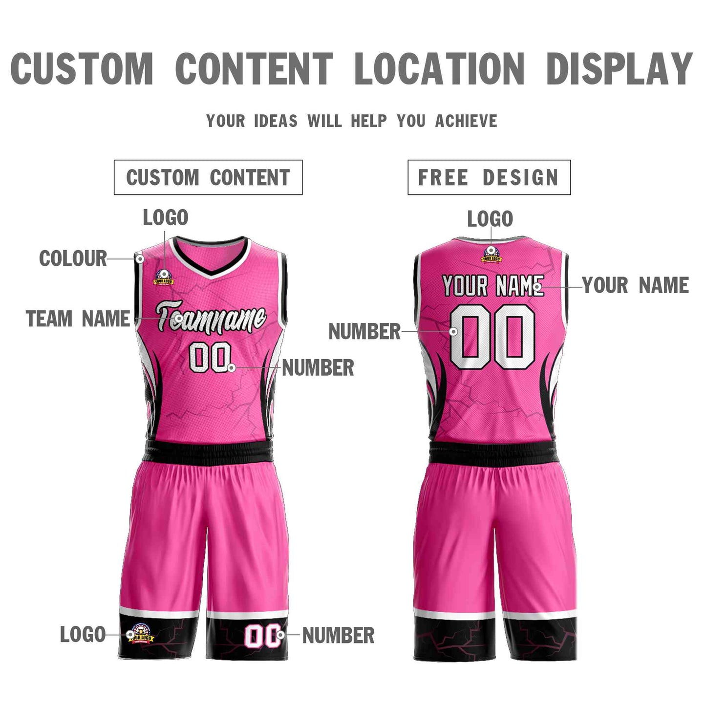 Custom Pink White-Black Graffiti Pattern Sets Lightning Basketball Jersey