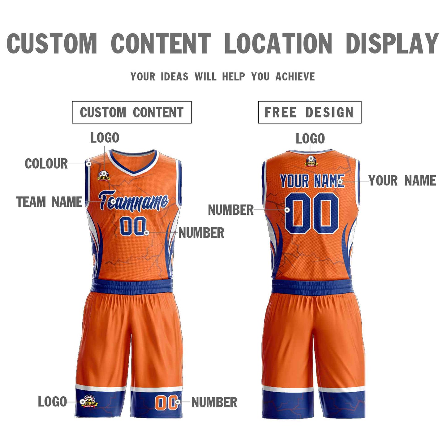 Custom Orange Royal-White Graffiti Pattern Sets Lightning Basketball Jersey