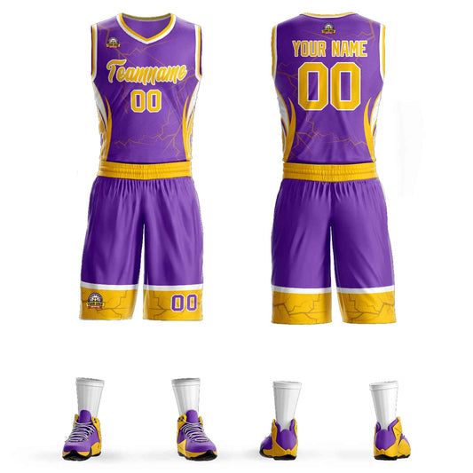 Custom Purple Gold-White Graffiti Pattern Sets Lightning Basketball Jersey