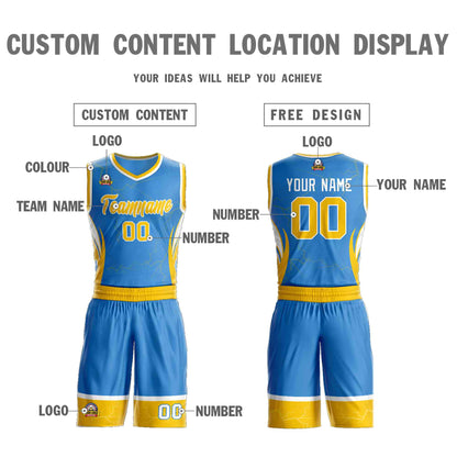 Custom Powder Blue Gold-White Graffiti Pattern Sets Lightning Basketball Jersey