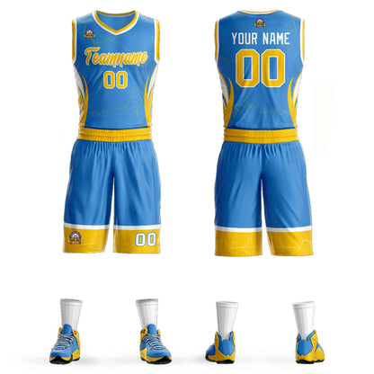 Custom Powder Blue Gold-White Graffiti Pattern Sets Lightning Basketball Jersey