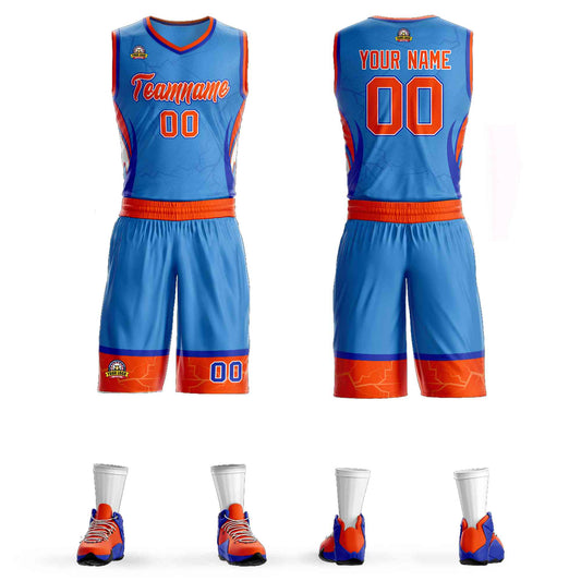 Custom Powder Blue Orange-White Graffiti Pattern Sets Lightning Basketball Jersey