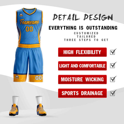 Custom Powder Blue Gold-Navy Graffiti Pattern Sets Lightning Basketball Jersey