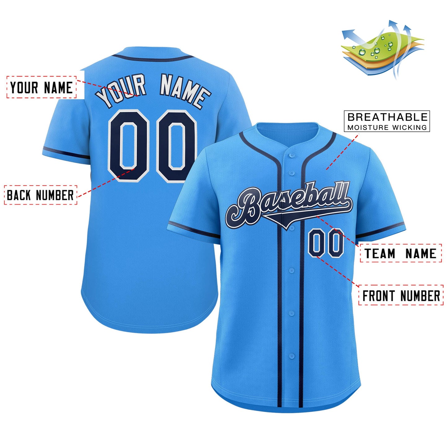 Custom Powder Blue Navy-White Classic Style Authentic Baseball Jersey