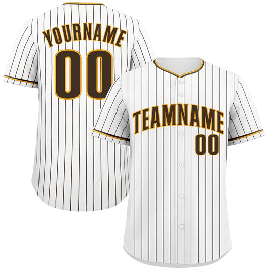 Custom White Brown-Gold Stripe Fashion Authentic Baseball Jersey