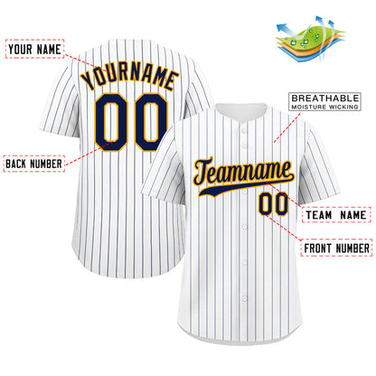 Custom White Navy-Gold Stripe Fashion Authentic Baseball Jersey