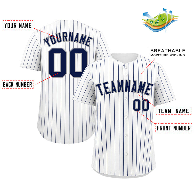 Custom White Navy-Gray Bull Stripe Fashion Authentic Baseball Jersey