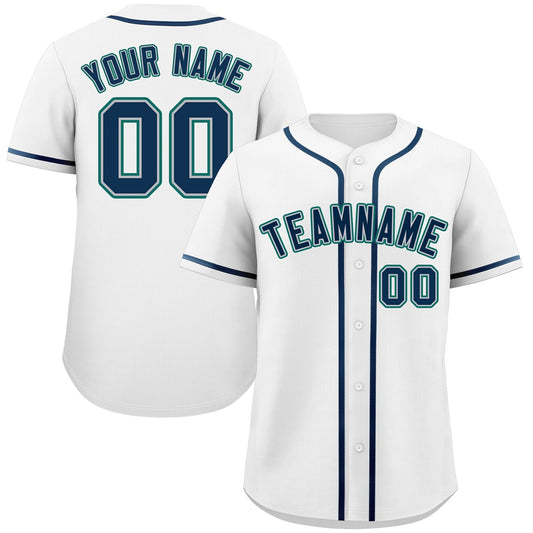 Custom White Navy-Aqua Classic Style Authentic Baseball Jersey