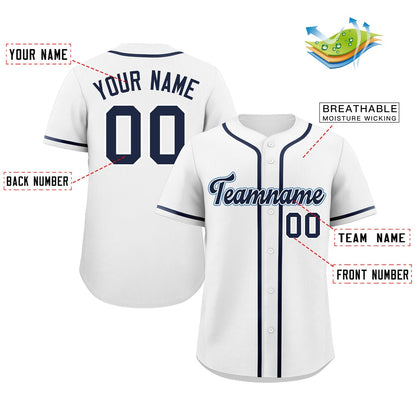 Custom White Navy-Aqua Classic Style Authentic Baseball Jersey