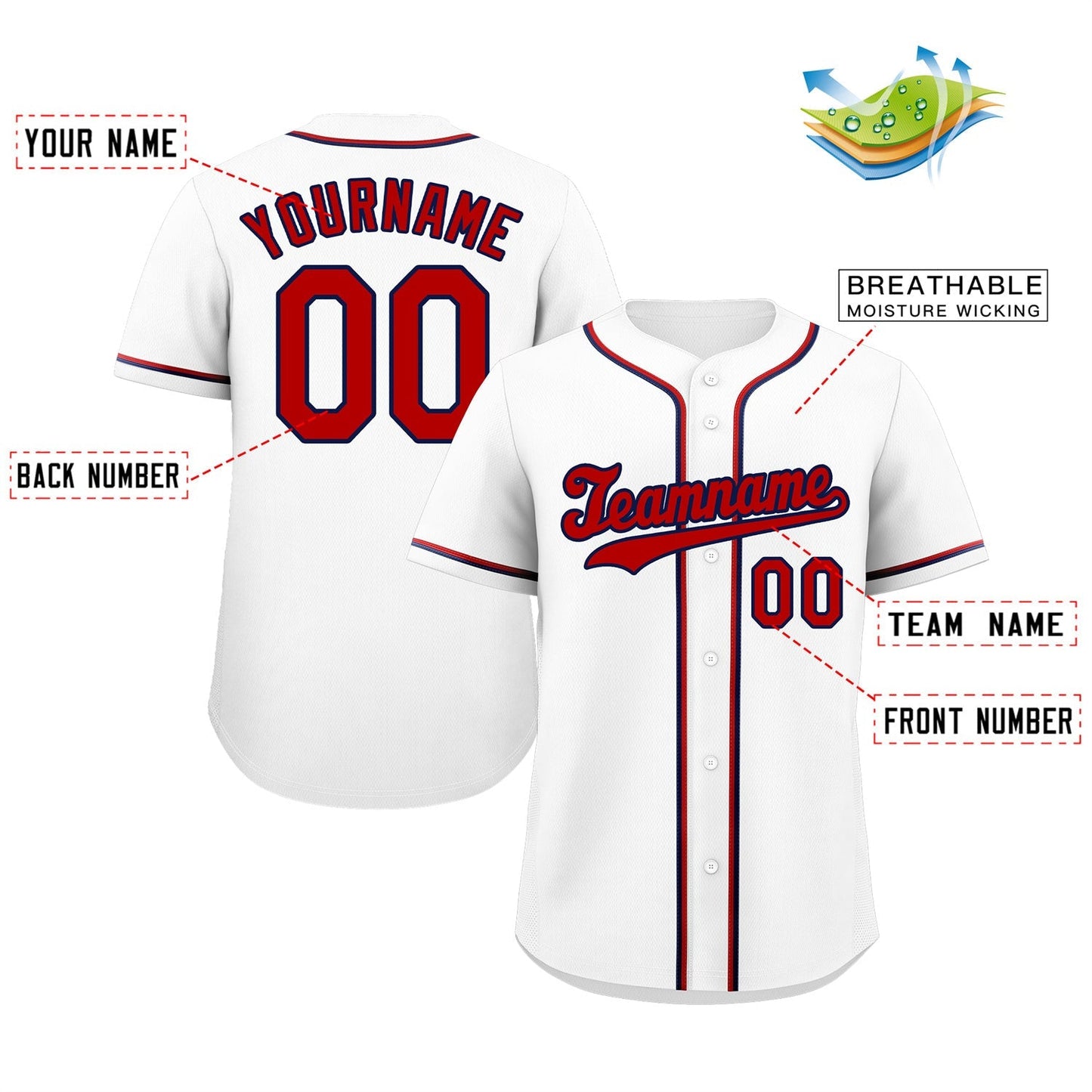 Custom White Red-Navy Classic Style Authentic Baseball Jersey