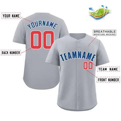 Custom Gray Royal-Red Classic Style Authentic Baseball Jersey