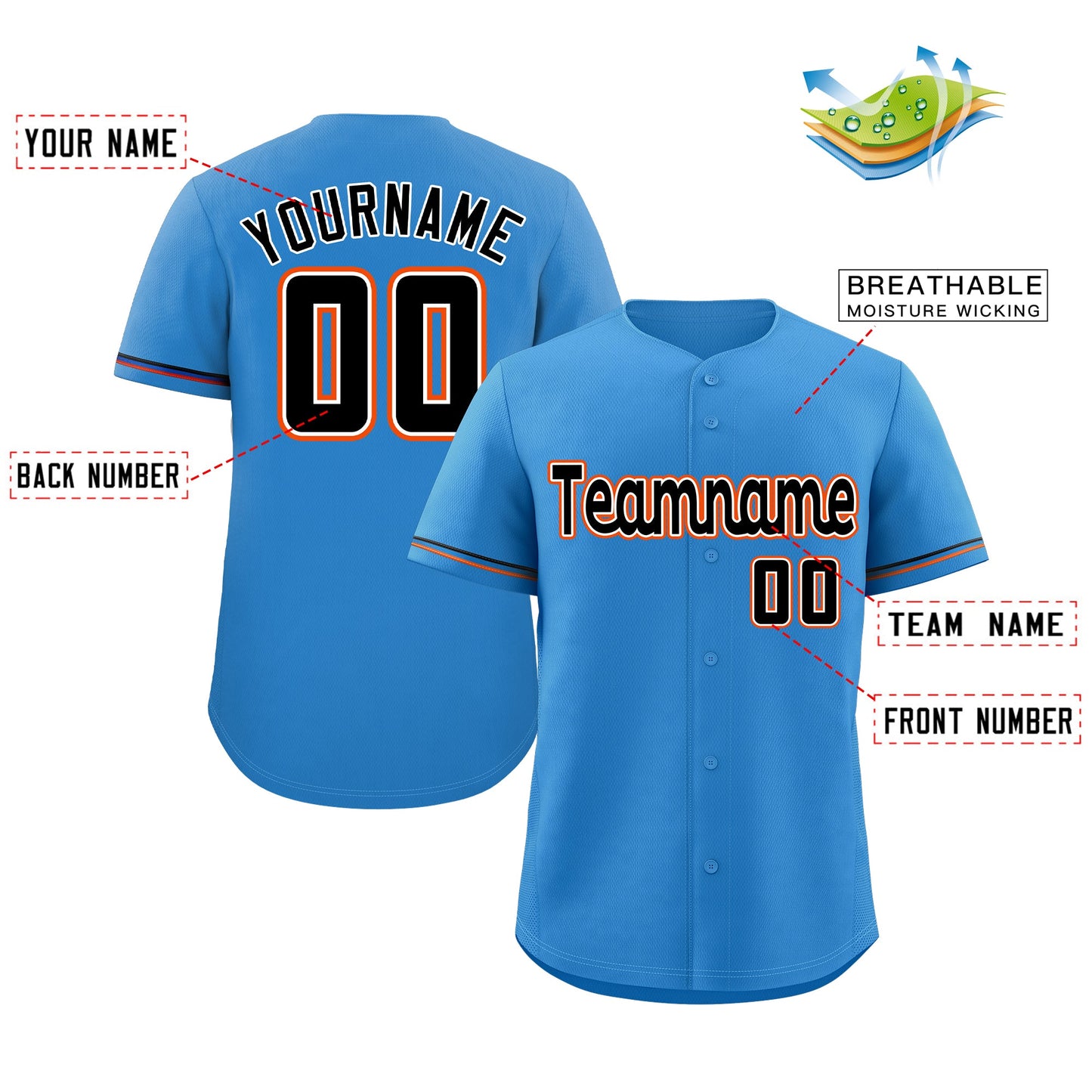 Custom Powder Blue Black-Orange Classic Style Authentic Baseball Jersey