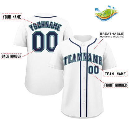 Custom White Navy-Aqua Classic Style Authentic Baseball Jersey