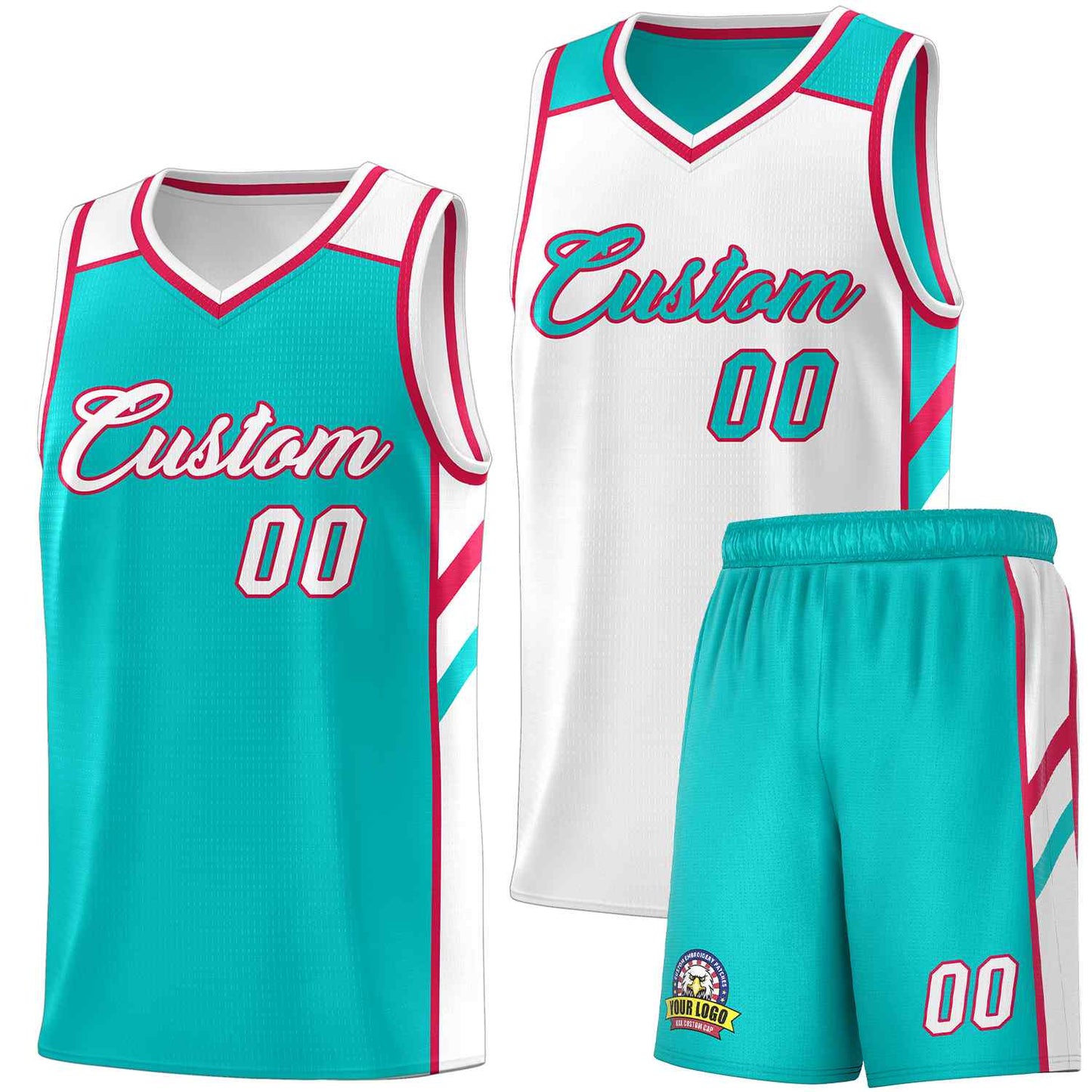 Custom Aqua White Double Side Sets Men Basketball Jersey