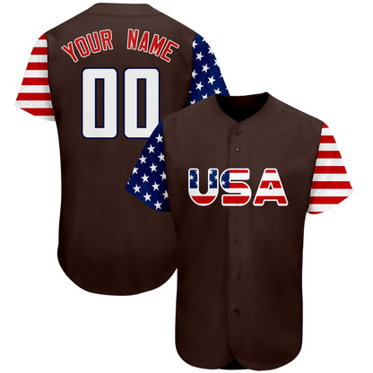 Custom Brown White-Navy American Flag Authentic Baseball Jersey