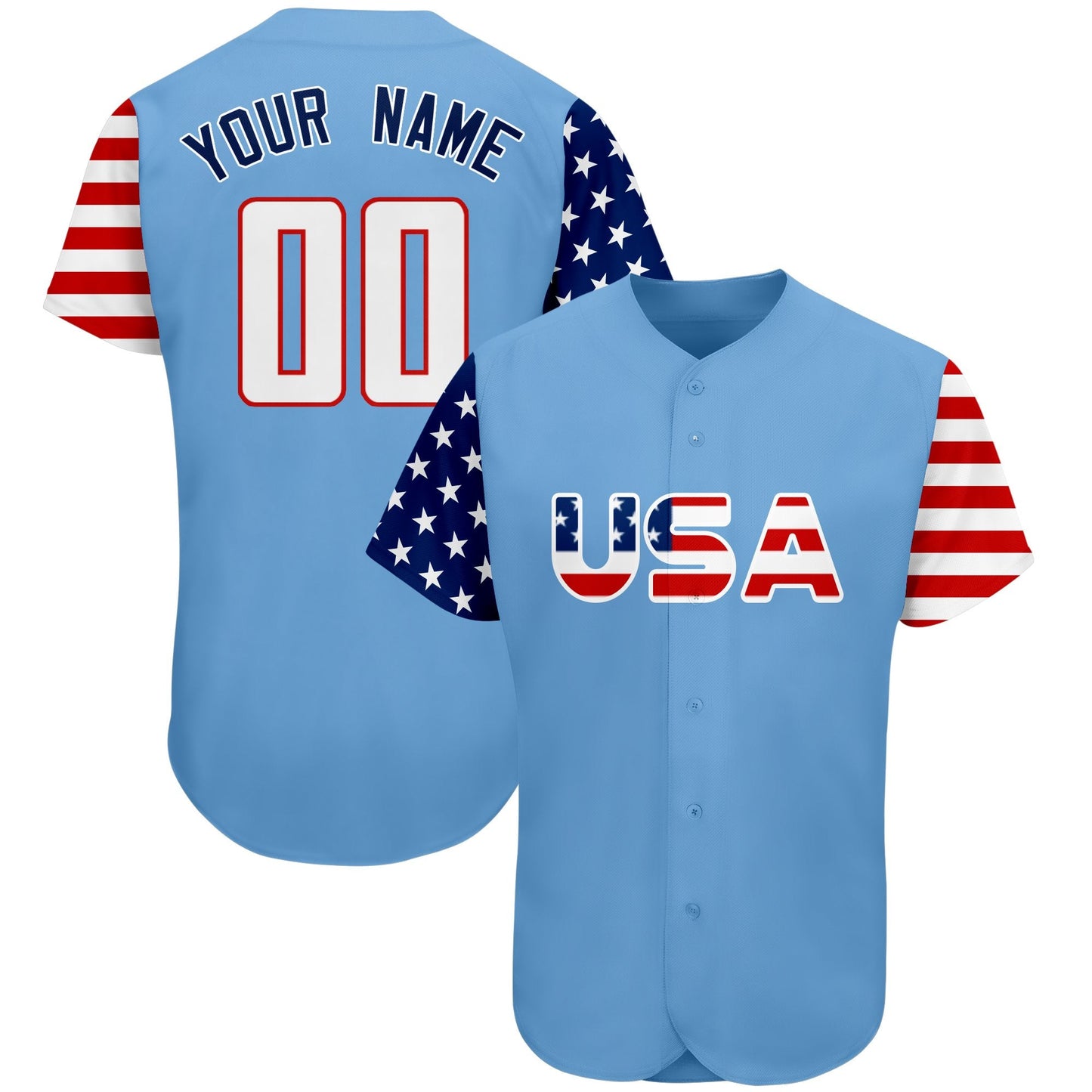 Custom Light Blue White-Red American Flag Authentic Baseball Jersey