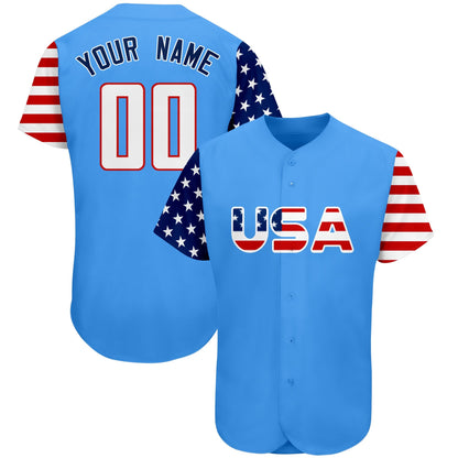 Custom Powder Blue White-Red American Flag Authentic Baseball Jersey