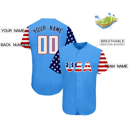 Custom Powder Blue White-Red American Flag Authentic Baseball Jersey