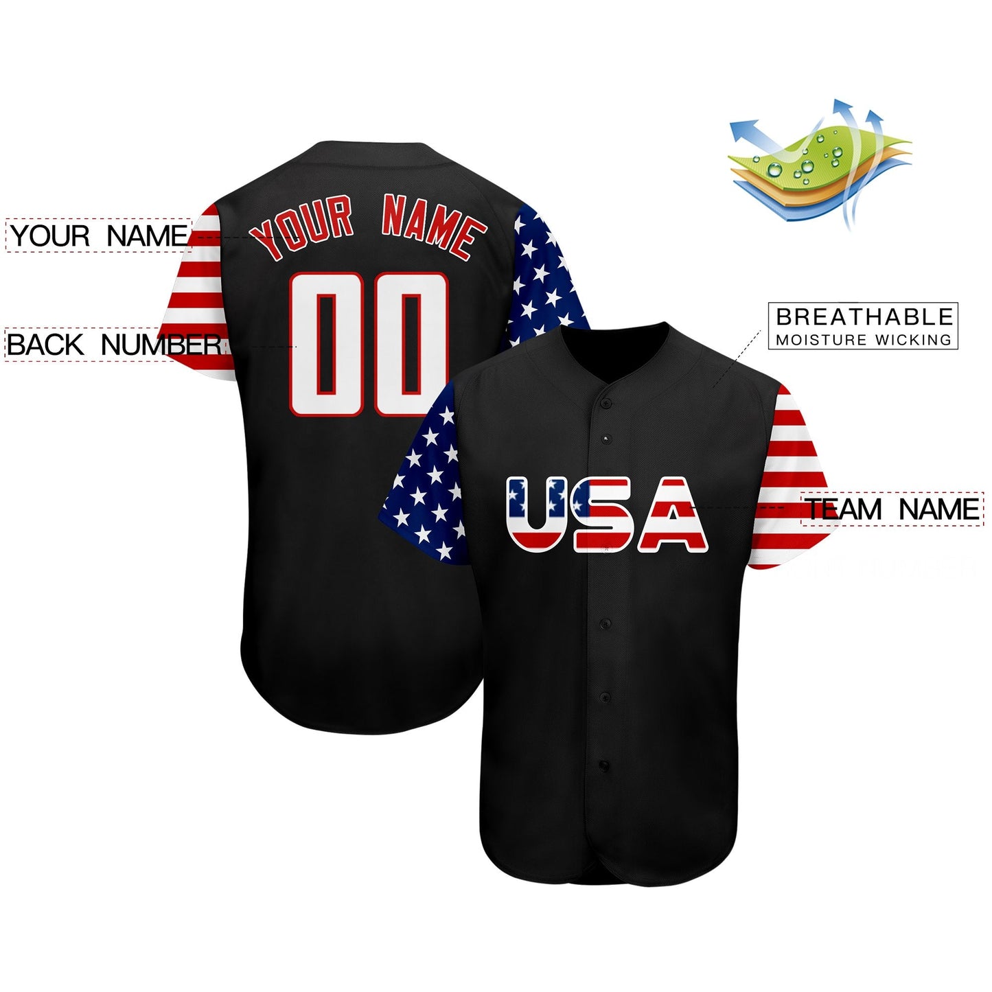 Custom Black White-Red American Flag Authentic Baseball Jersey