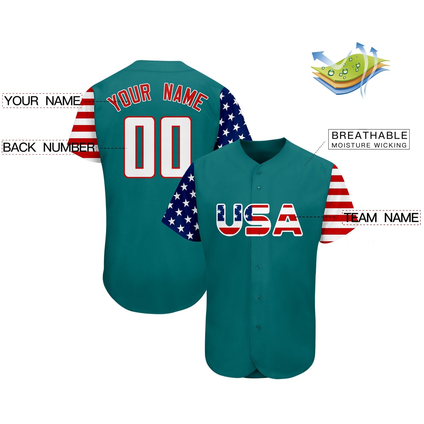 Custom Aqua White-Red American Flag Authentic Baseball Jersey