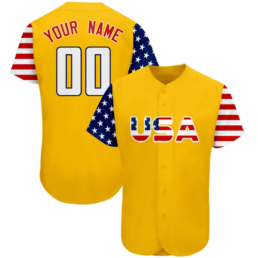 Custom Gold White-Navy American Flag Authentic Baseball Jersey