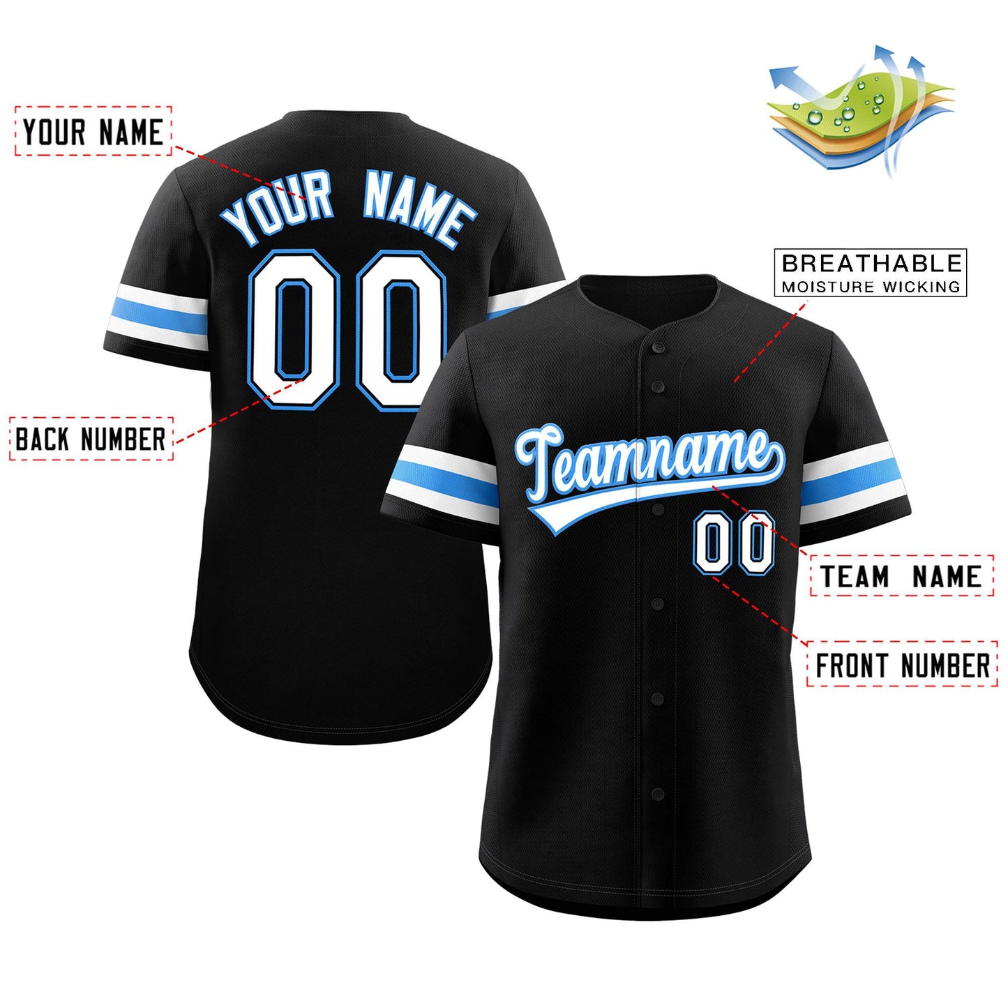 Custom Black White-Powder Blue Classic Style Authentic Baseball Jersey