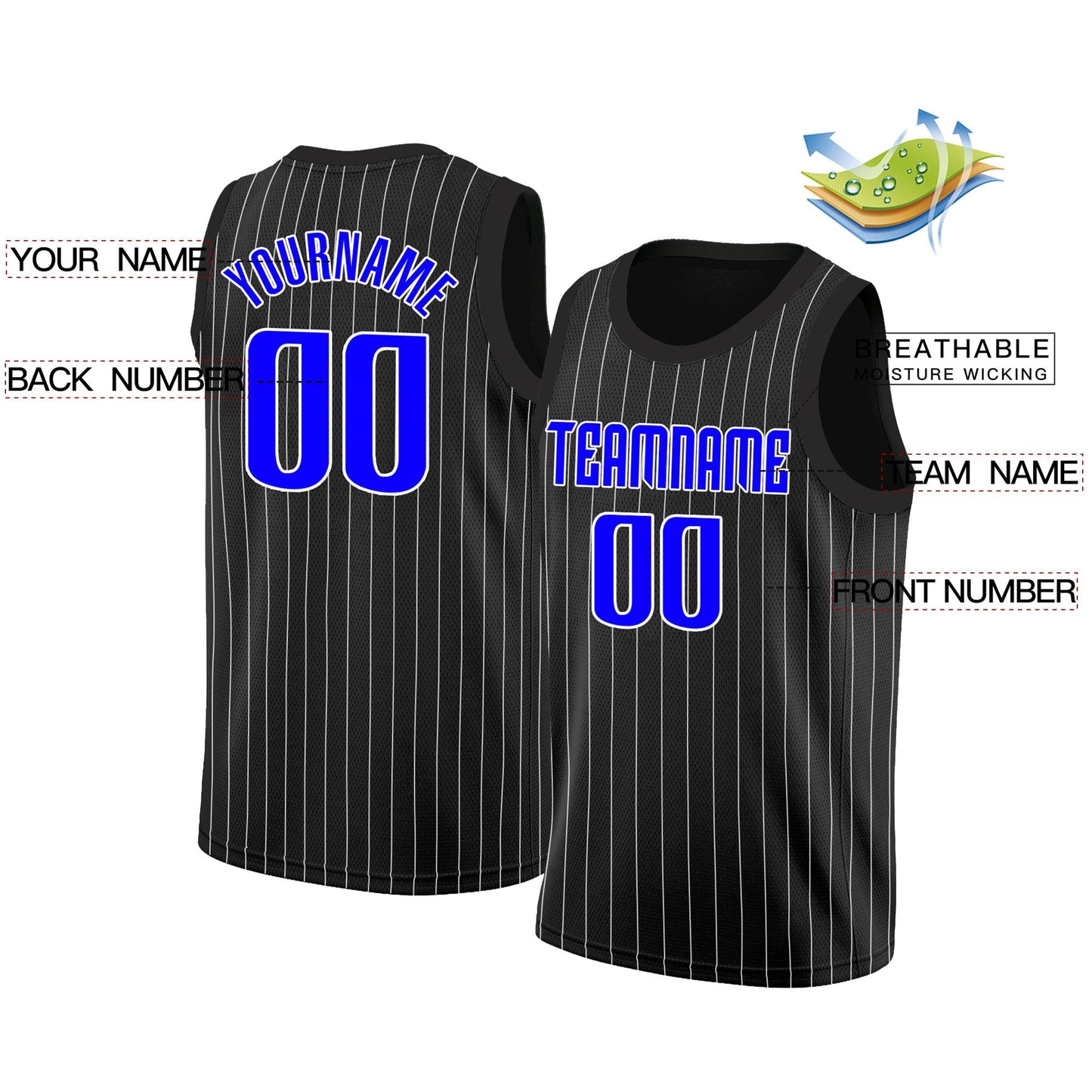 Custom Black Blue-White Stripe Fashion Tops Breathable Basketball Jersey