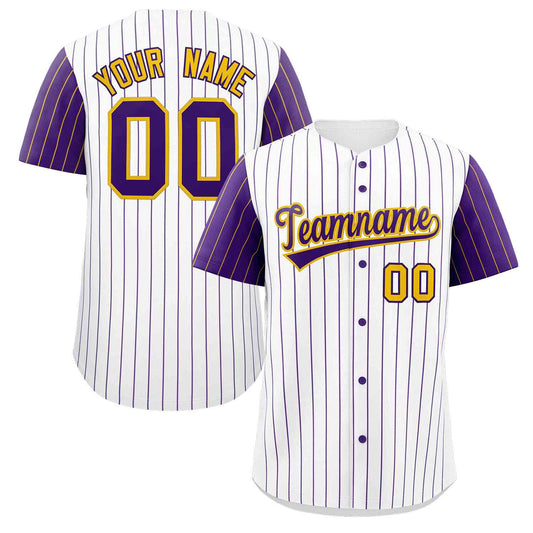 Custom White Purple-Gold Stripe Fashion Raglan Sleeves Authentic Baseball Jersey