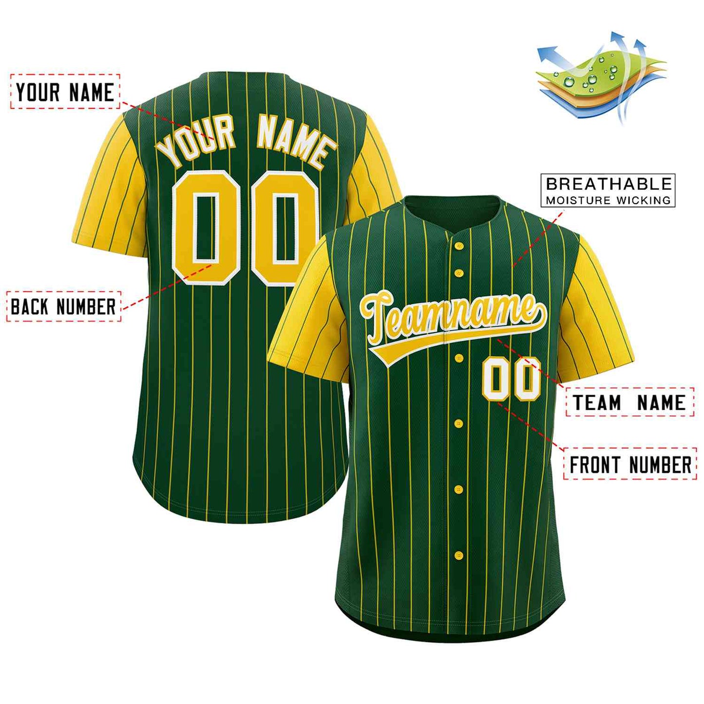 Custom Green Gold-White Stripe Fashion Raglan Sleeves Authentic Baseball Jersey