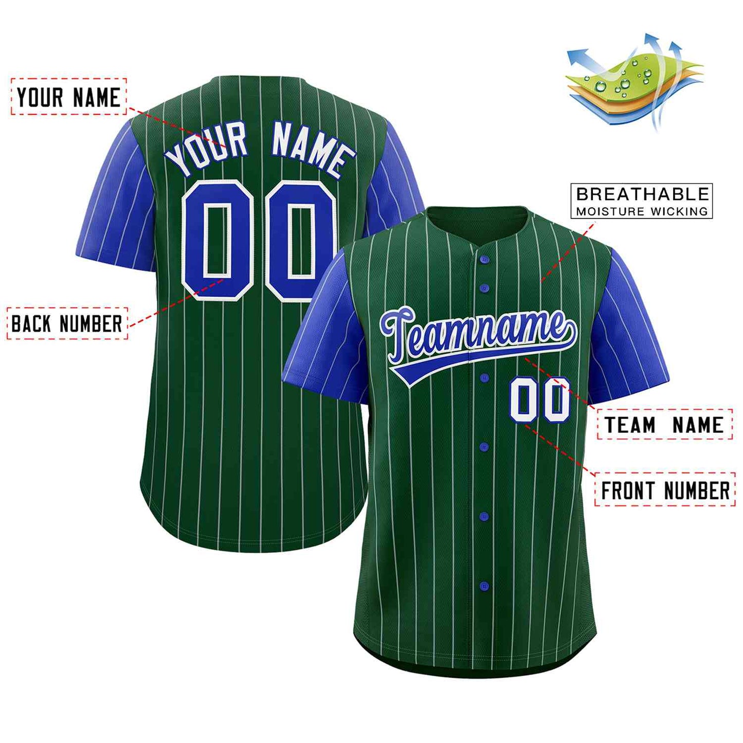 Custom Green Royal-White Stripe Fashion Raglan Sleeves Authentic Baseball Jersey