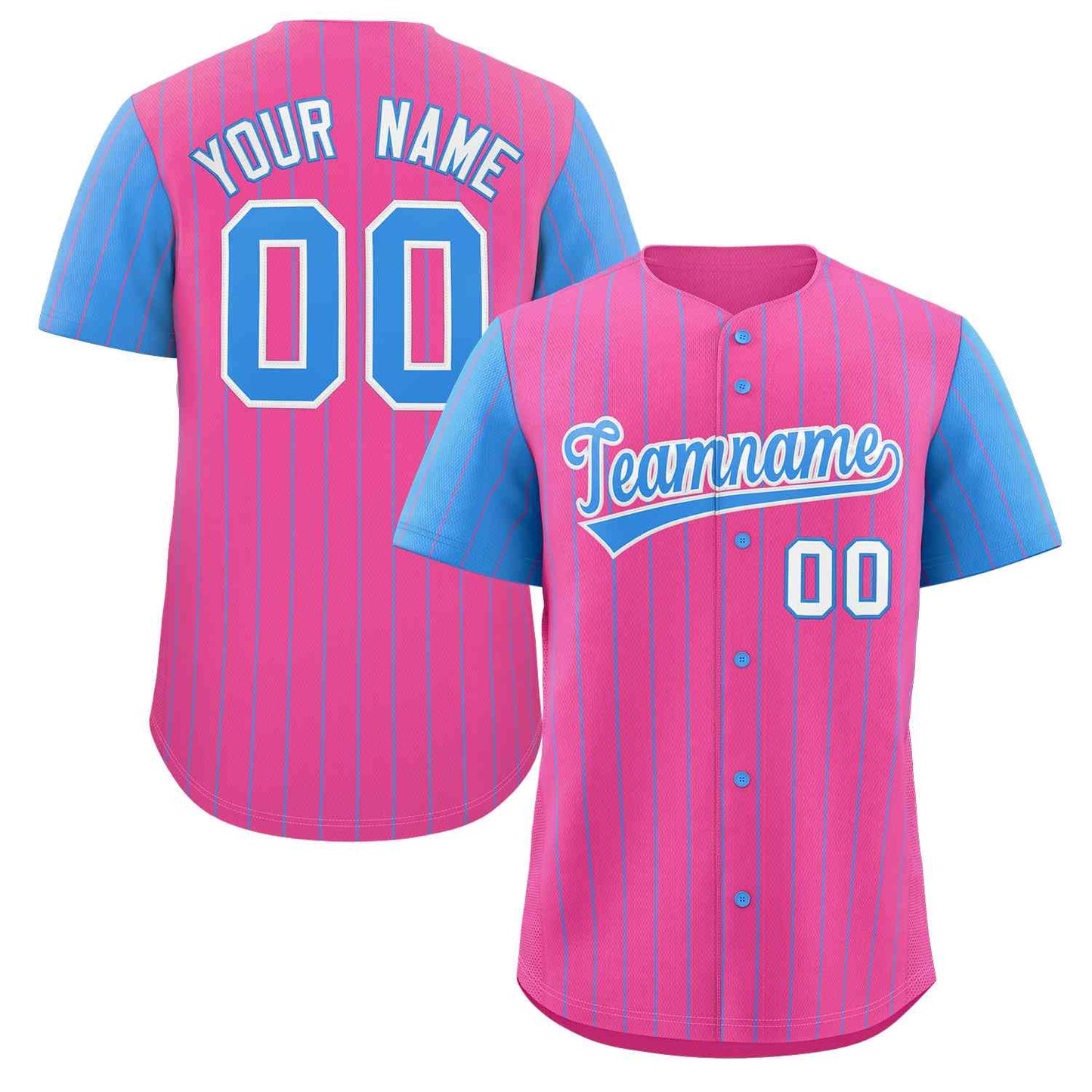 Custom Pink Powder Blue-White Stripe Fashion Raglan Sleeves Authentic Baseball Jersey