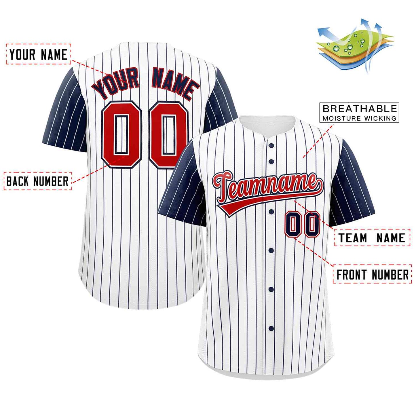 Custom White Red-Navy Stripe Fashion Raglan Sleeves Authentic Baseball Jersey