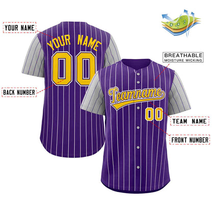 Custom Purple Gold-White Stripe Fashion Raglan Sleeves Authentic Baseball Jersey