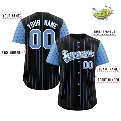 Custom Black Light Blue-White Stripe Fashion Raglan Sleeves Authentic Baseball Jersey