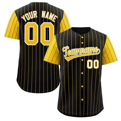 Custom Black Gold-White Stripe Fashion Raglan Sleeves Authentic Baseball Jersey